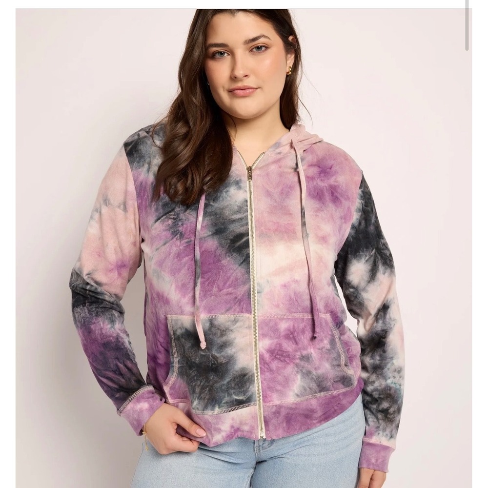 Seventy Eight and Sunny Women 3X Purple Black Tie Dye Sweater Knit Zip Hoodie